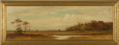 Marsh landscape with haystacks, likely Nantucket