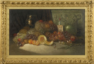 Still life with assorted fruit, wine bottle, and crockery by George William Whitaker - Auction record, sale price, and art valuation. Compare with similar artists and explore comparable artworks.