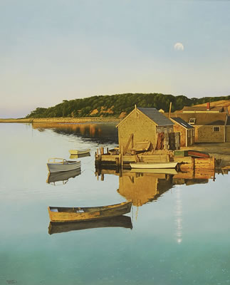 Moonlight over the harbor. by Robert K Roark - Auction record, sale price, and art valuation. Compare with similar artists and explore comparable artworks.