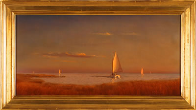 Sunset marsh scene with catboats