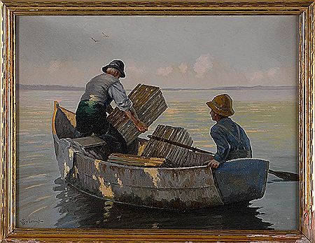 Father and son in a dory setting traps