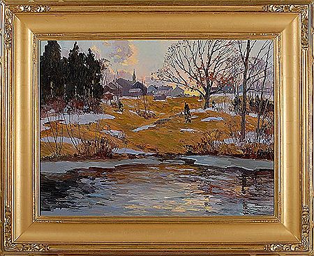 Sunset marsh landscape with town in the background