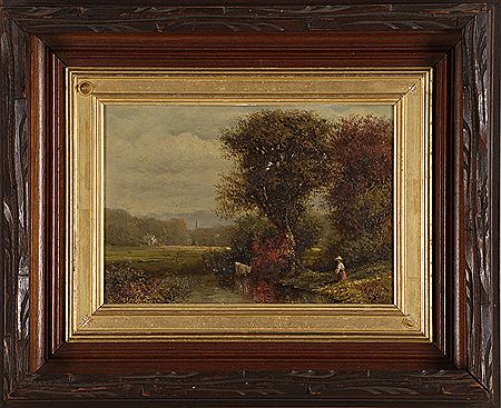 New England landscape with cattle and a woman strolling by a river