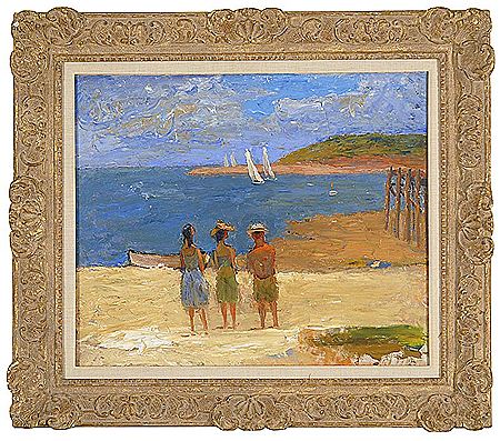 Three figures looking out on a sailboat race