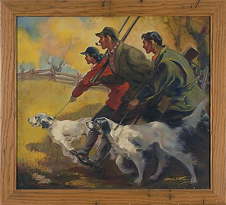 Illustration of three hunters and their setters.