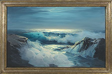 Moonlight over crashing waves
