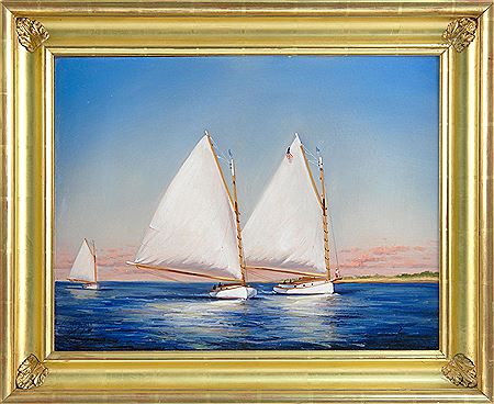 Catboats off a sunset-drenched coast