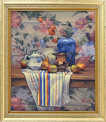 Tabletop still life of teapots and flowers