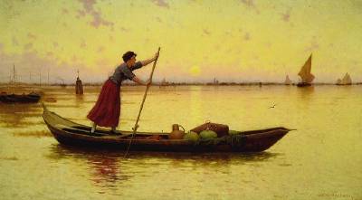European Scene of a Girl Poling a Boat