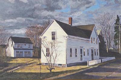 Greek Revival house and garage in winter