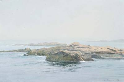 Coastal rocks in a fog bank