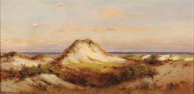 Dune scene with luminous sky and several vessels at sea