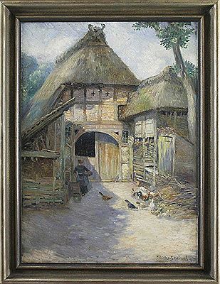 Häuslingshaus in der Großen Straße in Scheeßel mit Bäuerin und Federvieh by Ernst Muller-Scheesel - Auction record, sale price, and art valuation. Compare with similar artists and explore comparable artworks.