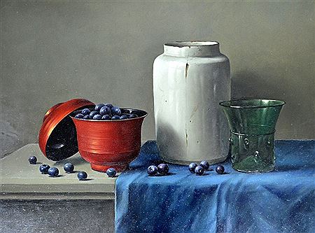 "Blueberries and Vessels on Blue Clothed Ledge" by Nadine Lundahl - Auction record, sale price, and art valuation. Compare with similar artists and explore comparable artworks.