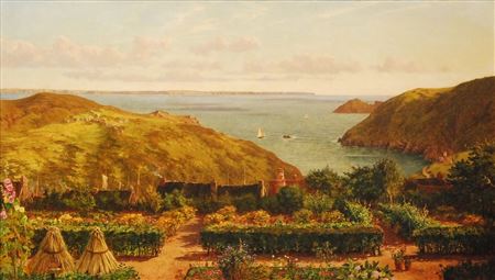 `From my window at Solva`, a coastal garden terrace with figures in the distance and seascape beyond
