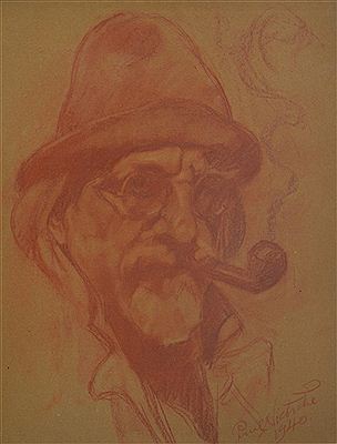 Portrait of Paul Nietsche: Self portrait with hat and pipe