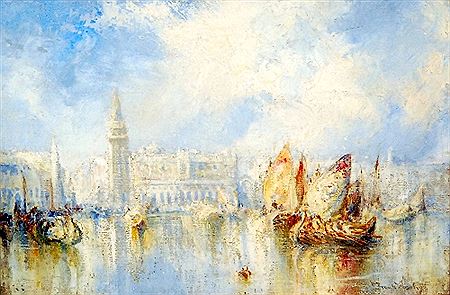 A view of St. Mark's Basilica from across the Venetian lagoon, also a companion Venetian scene by the same hand