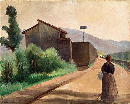 Strada di campagna con casolare e contadina
