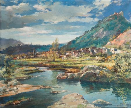Paisaje de pueblo con río