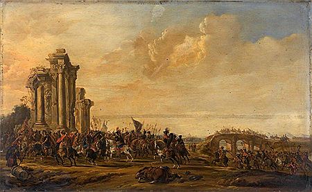 Scène de combat près de ruines antiques