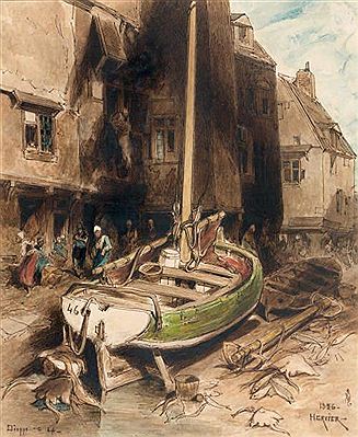 Dieppe (Barques échouées devant le vieux Port)
