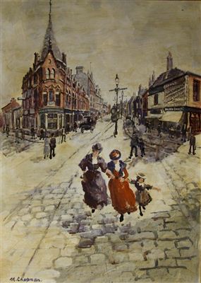 Figures in Edwardian street scene