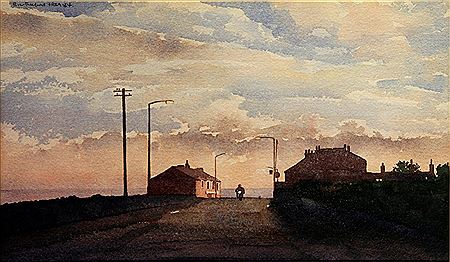 "Street Scene at Dusk with Lone Motorcyclist"