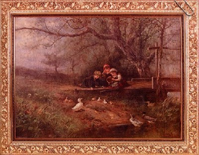 Children Feeding Ducklings by a Footbridge