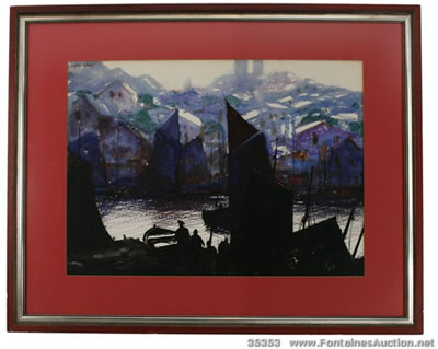 WATERFRONT SCENE W/ SAILBOAT SILHOUETTES