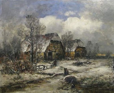 Verschneite Landschaft mit zwei Bauerngehöften und Bauernpaar davor