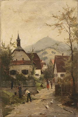 Dorf bei Baden-Baden mit Blick auf Gehöfte, freilaufenden Gänsen und Hühnern by Vitus Staudacher - Auction record, sale price, and art valuation. Compare with similar artists and explore comparable artworks.