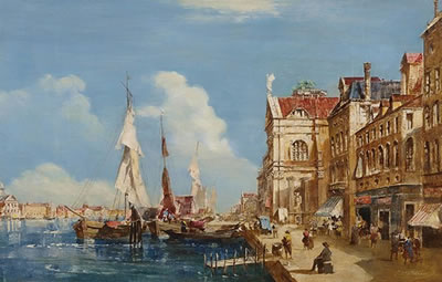 Venezianische Hafenansicht mit Segelbooten und belebter Uferstraße
