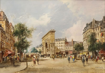 Belebte Pariser Straßenszene an der Porte Saint Denis
