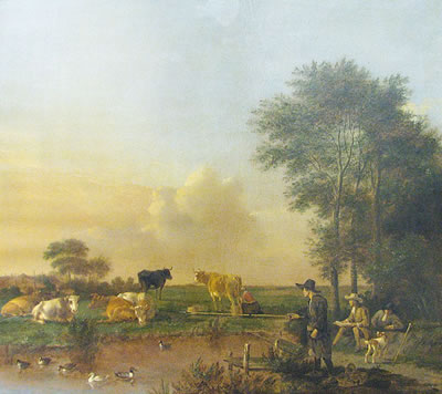 Wide late summer river landscape with floating ducks. Herd of cows milked with maid behind, Shepherd and two hikers with dogs