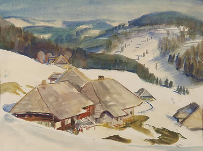 Schneebedeckte Schwarzwaldlandschaft mit Bauerngehöften.