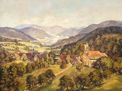 Von einer Anhöhe aus sonniger Blick auf Hofstetten bei Haslach im Kinzigtal.