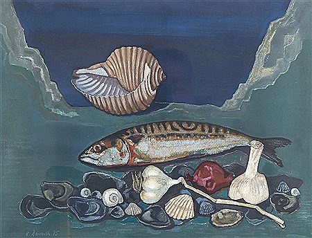 Stillleben mit Muscheln, Fisch und Knoblauch