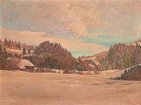Tief verschneite Schwarzwaldlandschaft in der Abendsonne mit einzeln stehendem Schwarzwälder Bauerngehöft