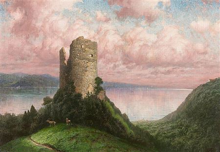Blick auf die Ruine Bodman am Überlinger See in der Abenddämmerung. Vorne Rotwild auf der Waldlichtung