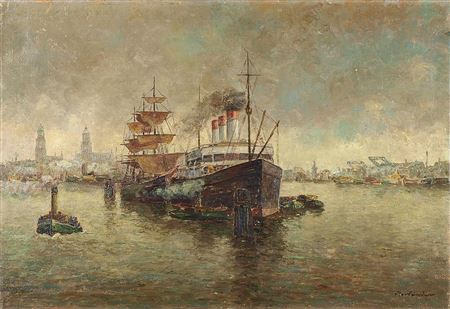 Partie am Hamburger Hafen mit Dampfschiff, Dreimastsegler und Barkasse. by Hans Harlander - Auction record, sale price, and art valuation. Compare with similar artists and explore comparable artworks.