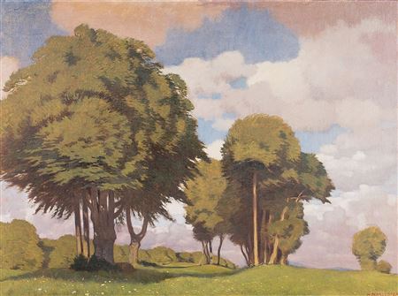 Blick über weite, sommerliche, baumbestandene Landschaft mit blühender Blumenwiese unter leicht bewölktem Himmel by Hans Schroedter - Auction record, sale price, and art valuation. Compare with similar artists and explore comparable artworks.