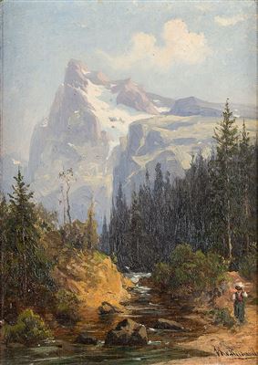 Sommerliche Gebirgslandschaft mit am Ufer eines Bachlaufs stehender, junger Bäuerin