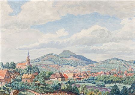 Von einer Anhöhe aus Blick auf Albersweiler am Trifels.