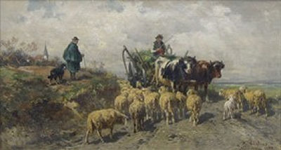 Landscape with Haywagon and Sheep, Herder and Dog by Adolf Chelius - Auction record, sale price, and art valuation. Compare with similar artists and explore comparable artworks.