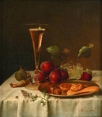 STILL LIFE WITH CHAMPAGNE FLUTE AND WILD PLUMS
