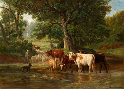 CATTLE AND SHEEP FORDING A RIVER