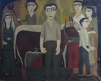 GROUP OF FARMERS WITH TWO BULLS by Joan Brotat Vilanova - Auction record, sale price, and art valuation. Compare with similar artists and explore comparable artworks.
