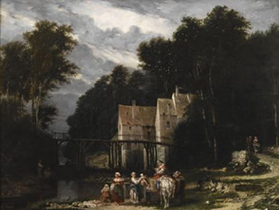 WASHERWOMEN AND FISHERMEN BY A RIVER