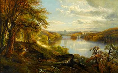 VIEW OF THE SCHUYLKILL RIVER WITH MEMORIAL HALL IN THE BACKGROUND