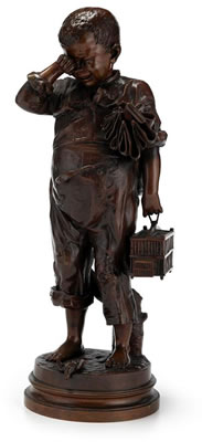 Modeled as a boy crying and holding a birdcage